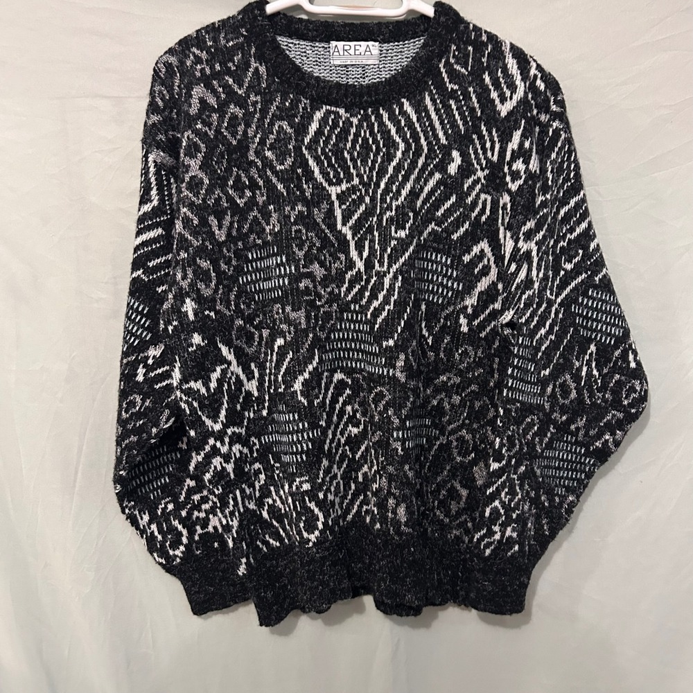 Vintage Area Abstract Geometric Knit Crewneck Sweater Black White XL USA Made